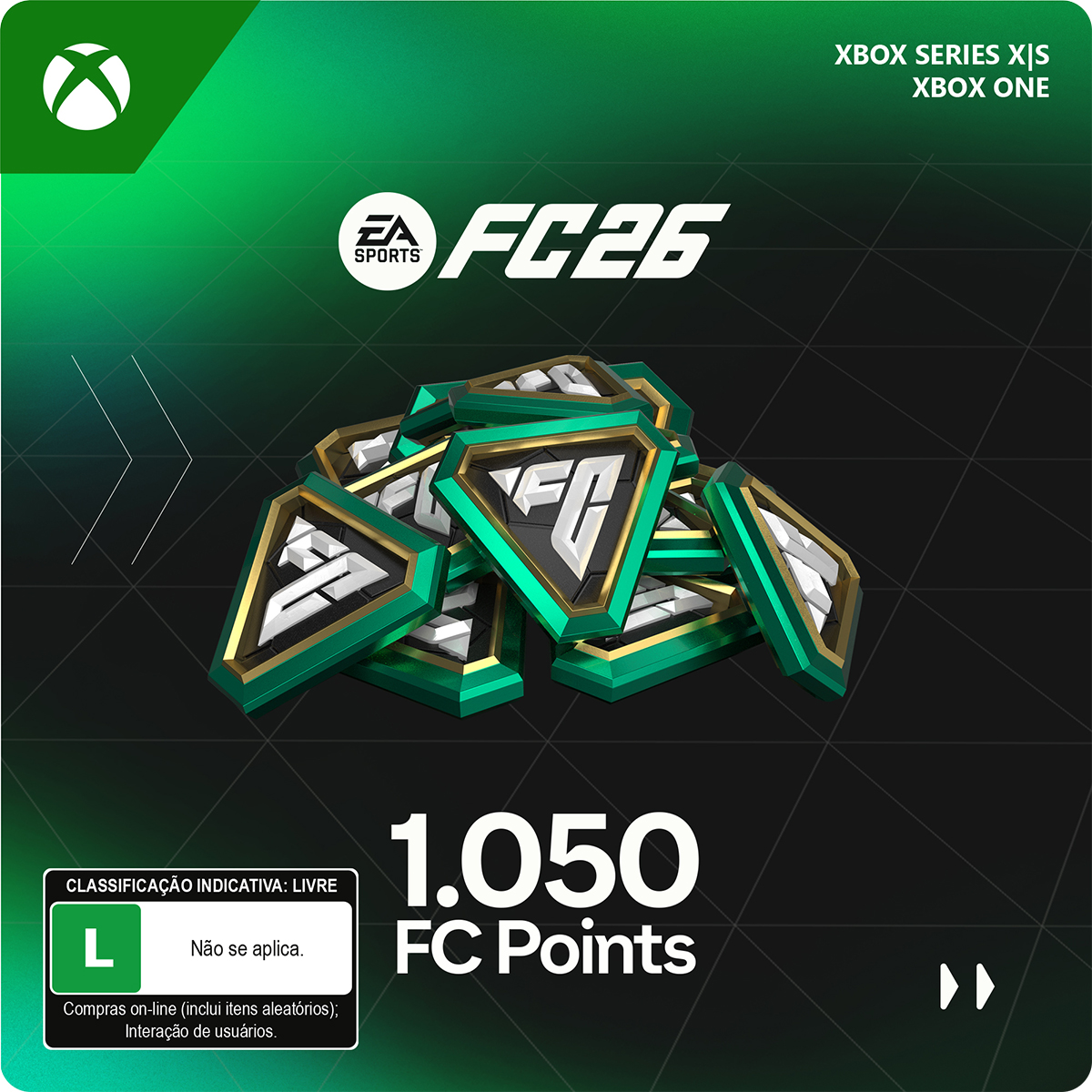 Capa oficial do EA SPORTS FC 26 – 1.050 FC Points para Xbox One e Xbox Series X|S, em fundo preto e verde com ícones de fichas digitais em destaque