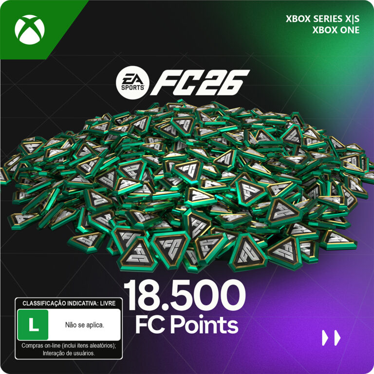 Capa oficial do EA SPORTS FC 26 – 18500 FC Points para Xbox One e Xbox Series X|S, em fundo preto e verde com ícones de fichas digitais em destaque