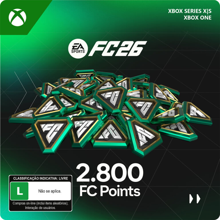 Capa oficial do EA SPORTS FC 26 – 1.050 FC Points para Xbox One e Xbox Series X|S, em fundo preto e verde com ícones de fichas digitais em destaque