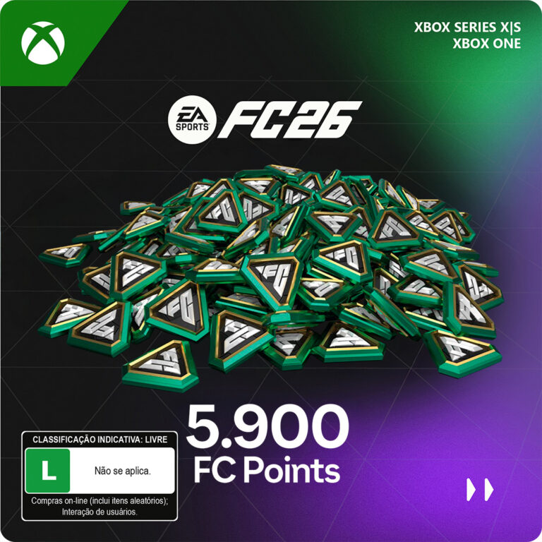 Capa oficial do EA SPORTS FC 26 – 5.900 FC Points para Xbox One e Xbox Series X|S, em fundo preto e verde com ícones de fichas digitais em destaque