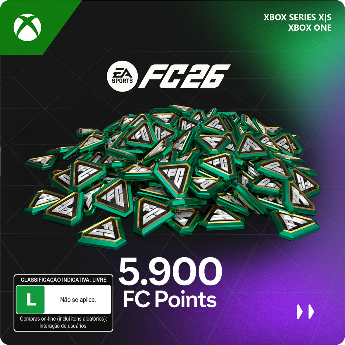 Capa oficial do EA SPORTS FC 26 – 5.900 FC Points para Xbox One e Xbox Series X|S, em fundo preto e verde com ícones de fichas digitais em destaque