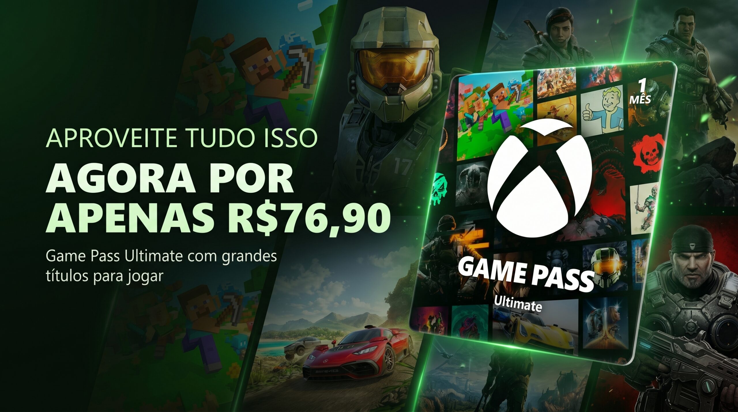 Banner comparativo entre Game Pass Ultimate e Game Pass Premium com a frase “E aí, qual vai escolher?”, mostrando os dois gift cards lado a lado sobre fundo escuro com iluminação verde.