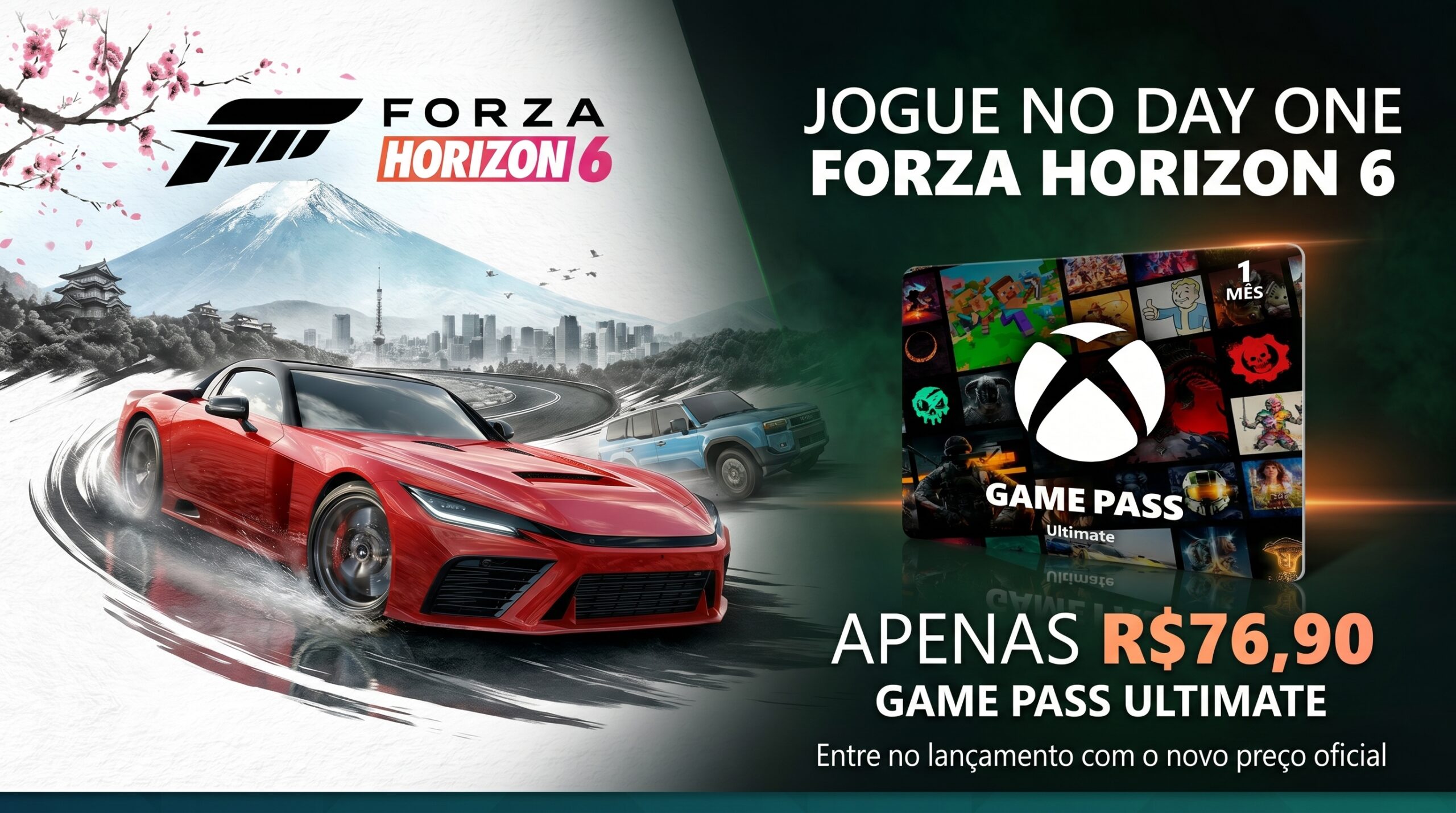 Banner promocional do Game Pass Ultimate com a frase “Aproveite tudo isso agora por apenas R$76,90”, destacando o gift card do produto e imagens de jogos ao fundo em composição verde e escura.