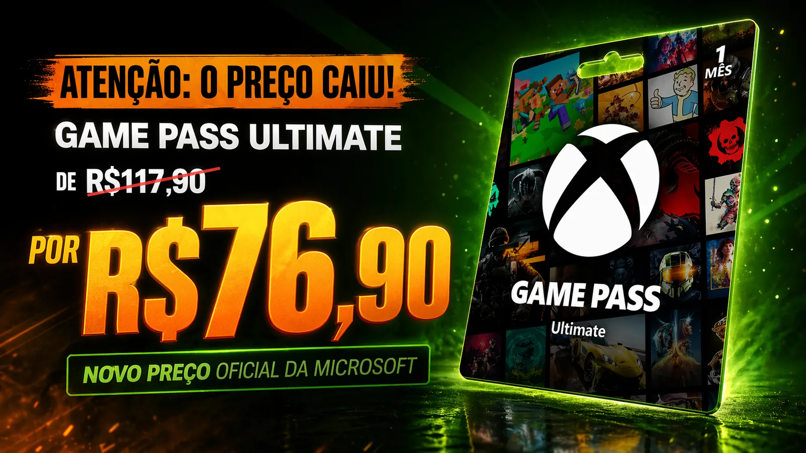 Banner promocional do Game Pass Ultimate informando queda de preço oficial, de R$117,90 por R$76,90, com gift card do produto em destaque sobre fundo escuro com brilho verde.