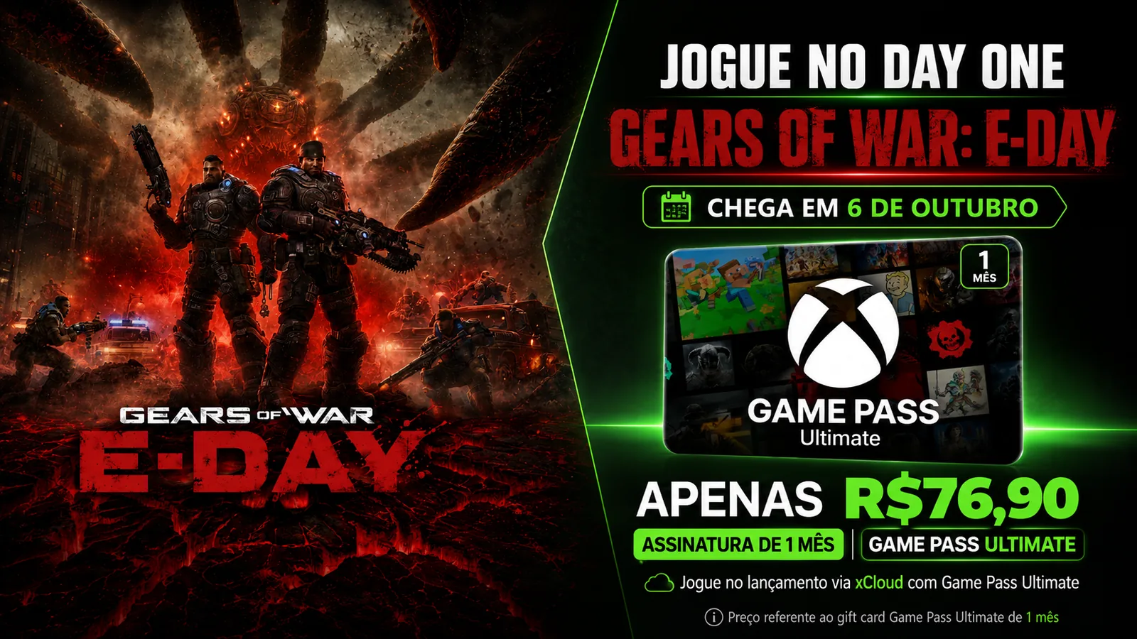 Banner promocional do Game Pass Ultimate com a frase “Aproveite tudo isso agora por apenas R$76,90”, destacando o gift card do produto e imagens de jogos ao fundo em composição verde e escura.