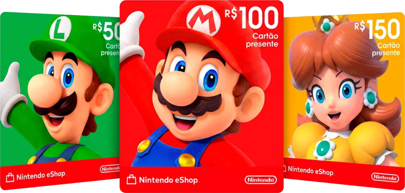 Cartões presente da Nintendo eShop de R$ 50, R$ 100 e R$ 150