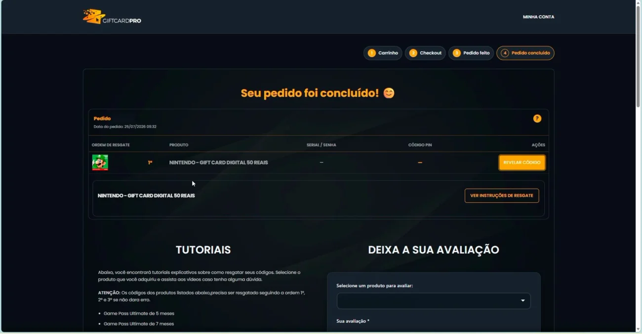 Página do pedido concluído, com o botão de revelar o código