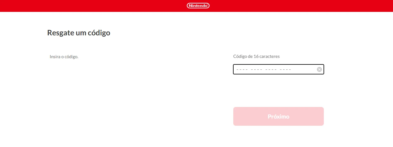 Página oficial da Nintendo para resgatar um código de 16 caracteres