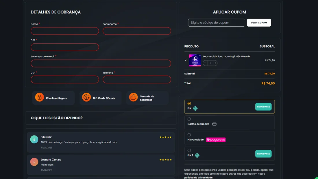 Checkout da Gift Card Pro com os campos preenchidos e as opções de pagamento