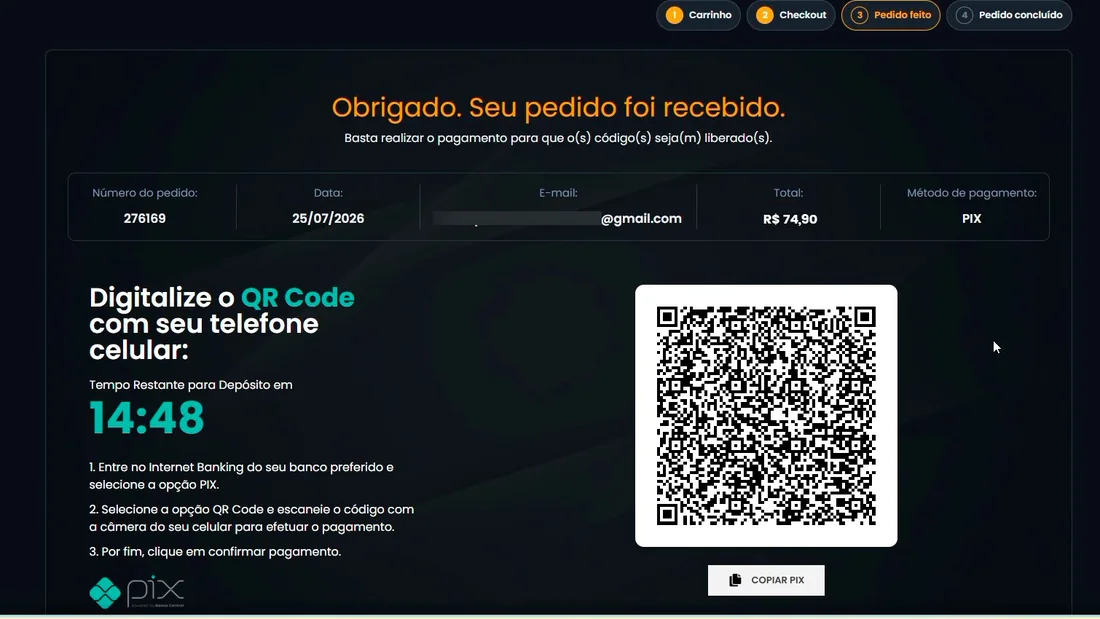 Tela do Pix com o QR Code para leitura pelo celular