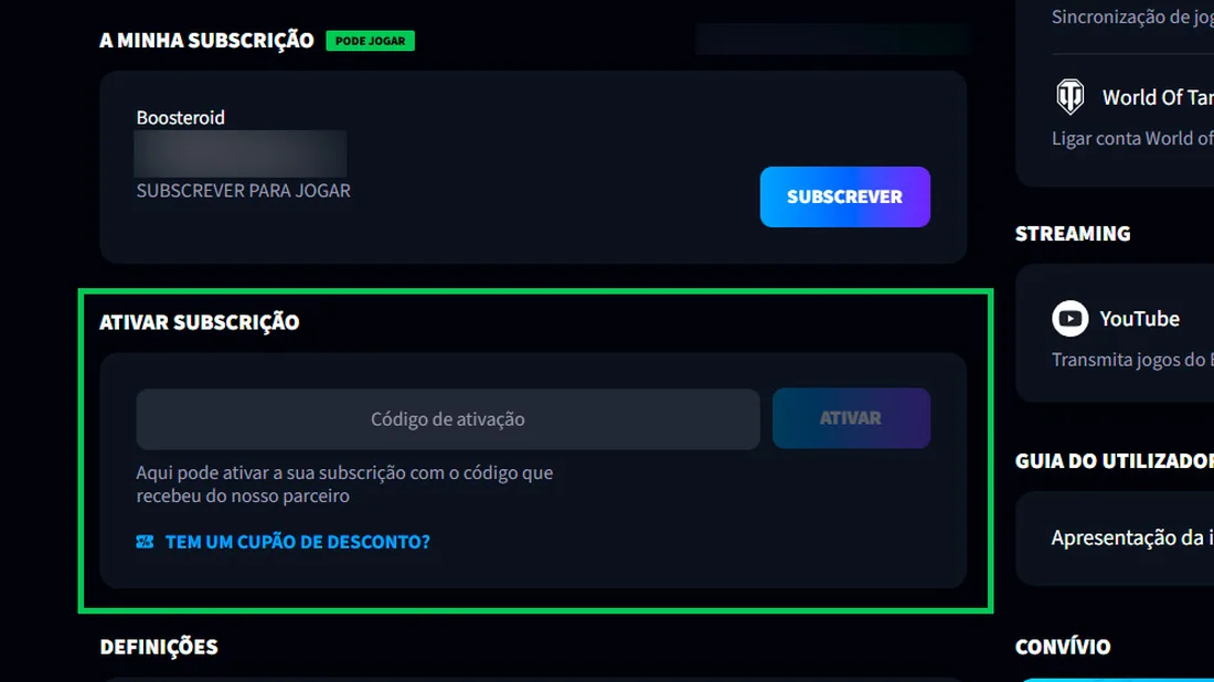 Tela do Boosteroid com o campo Código de ativação e o botão Ativar