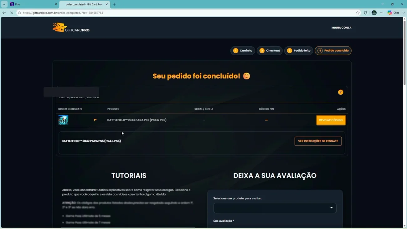 Código revelado na página do pedido, com as instruções de resgate