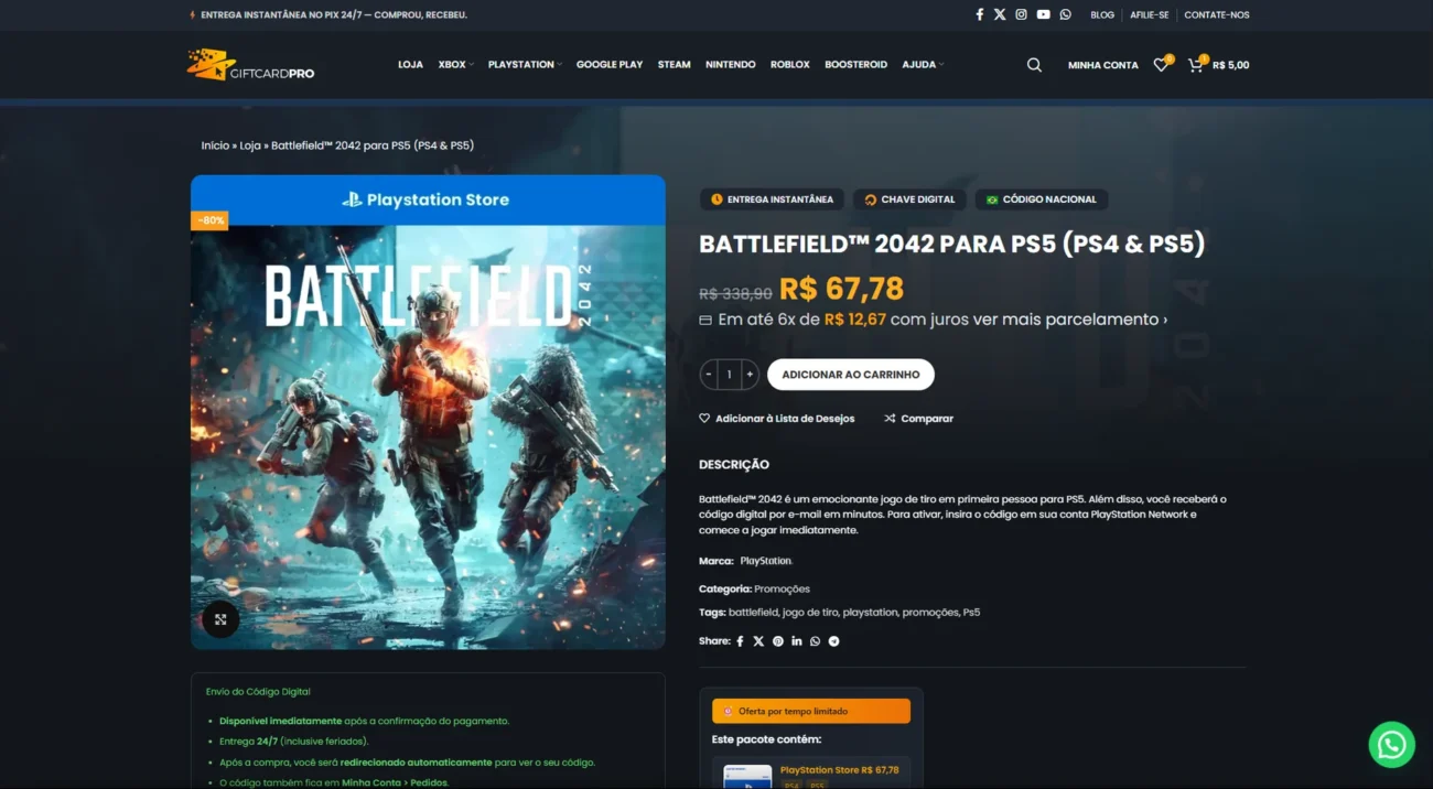 Jogo de R$ 338,90 por R$ 67,78, entregue como um cartão PlayStation Store de R$ 67,78