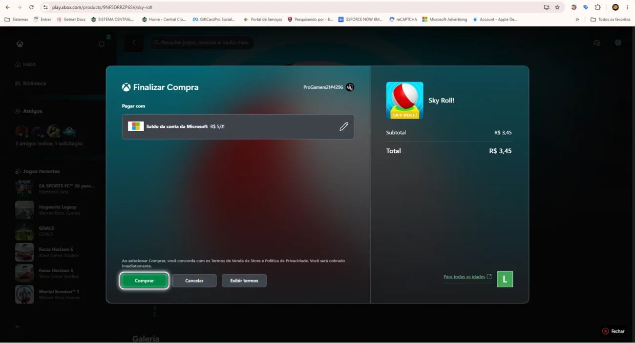 Painel da conta Microsoft mostrando o saldo disponível