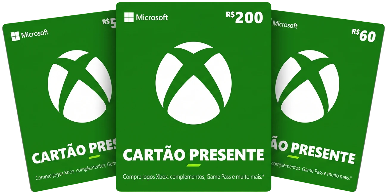 Cartões presente do Xbox de R$ 50, R$ 60 e R$ 200