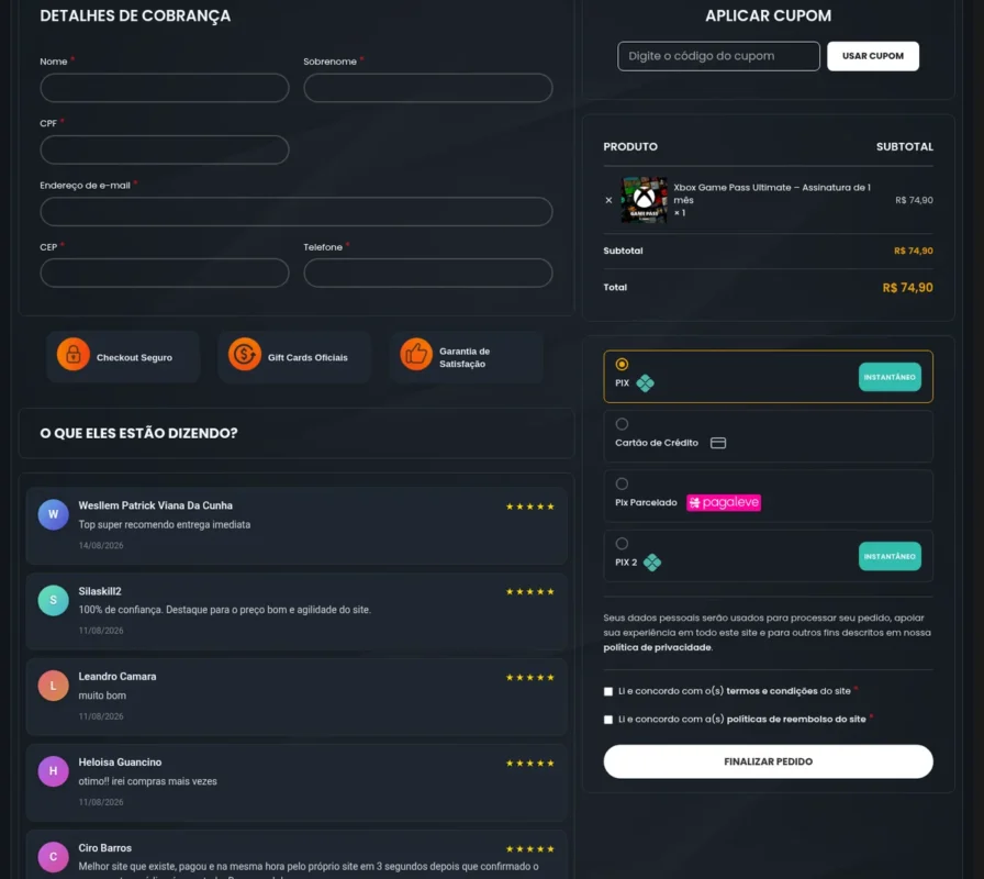 Checkout da Gift Card Pro com os meios de pagamento