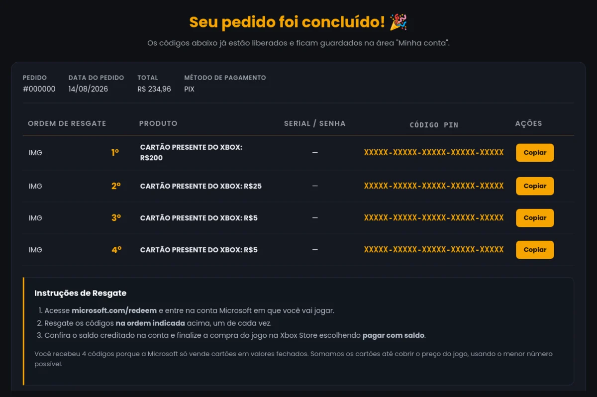 Pedido concluído com os códigos de saldo liberados