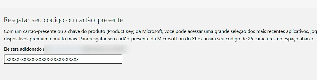 Tela do Microsoft Redeem com o campo do código